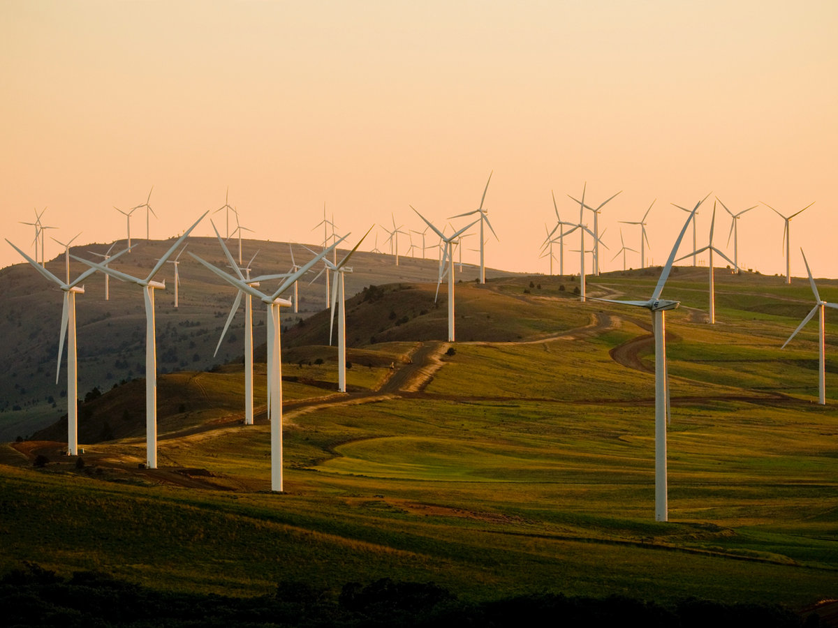 Wind turbines on green hills