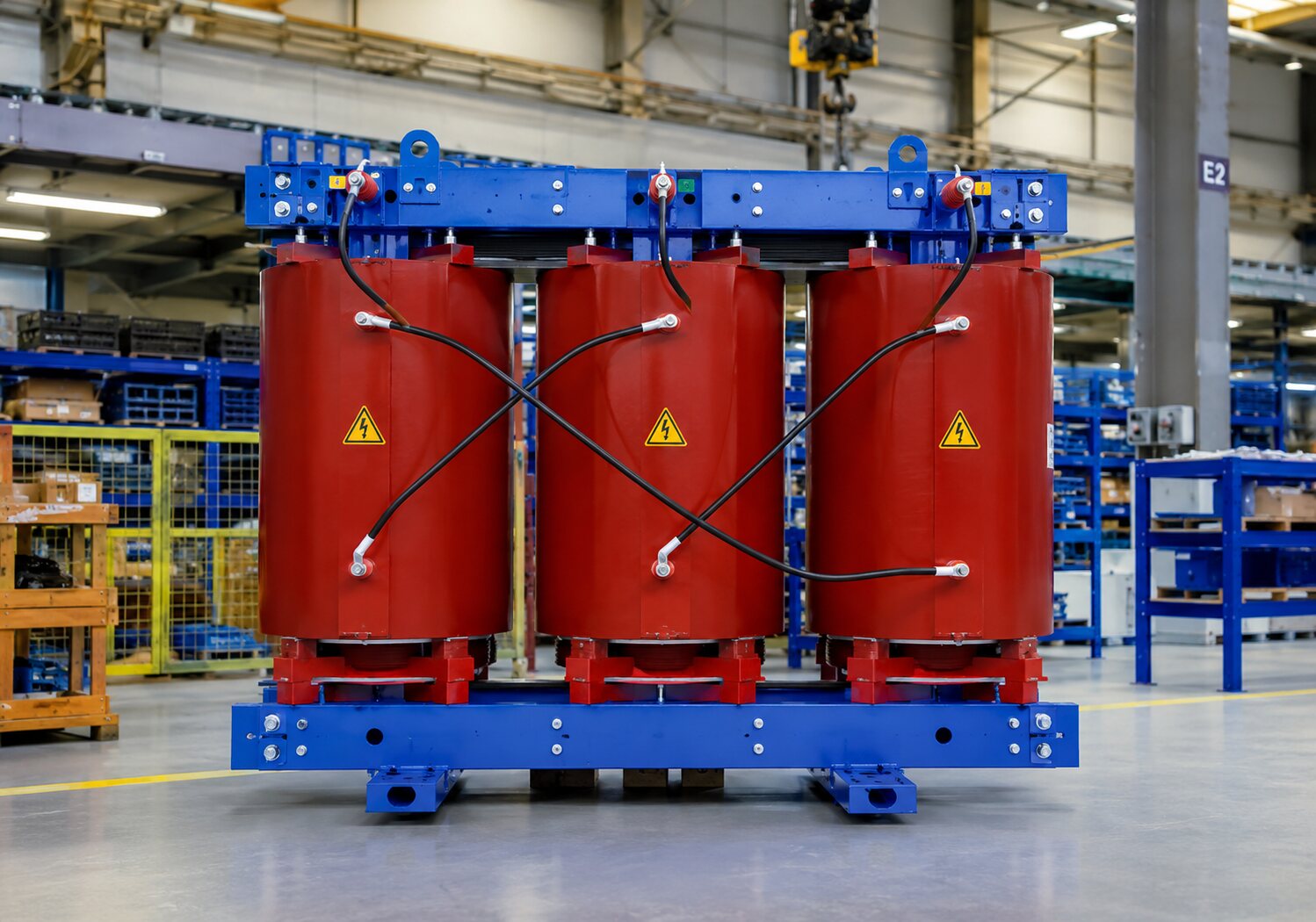 Red cast resin dry-type transformer in the production hall