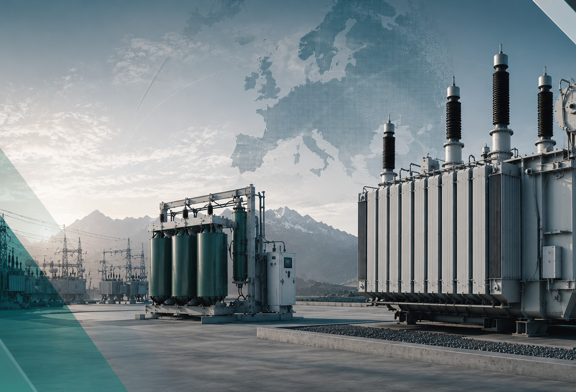 High-voltage power transformer in an alpine landscape overlaid with a map of Europe