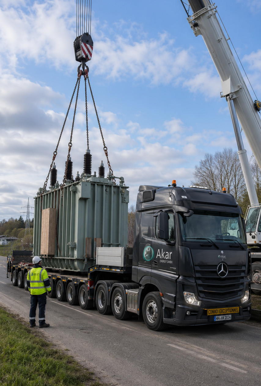 Akar Energy transformer being lifted by crane onto a heavy-haulage truck
