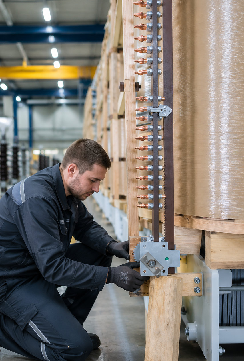 Engineer inspecting the copper windings of a transformer core in the factory