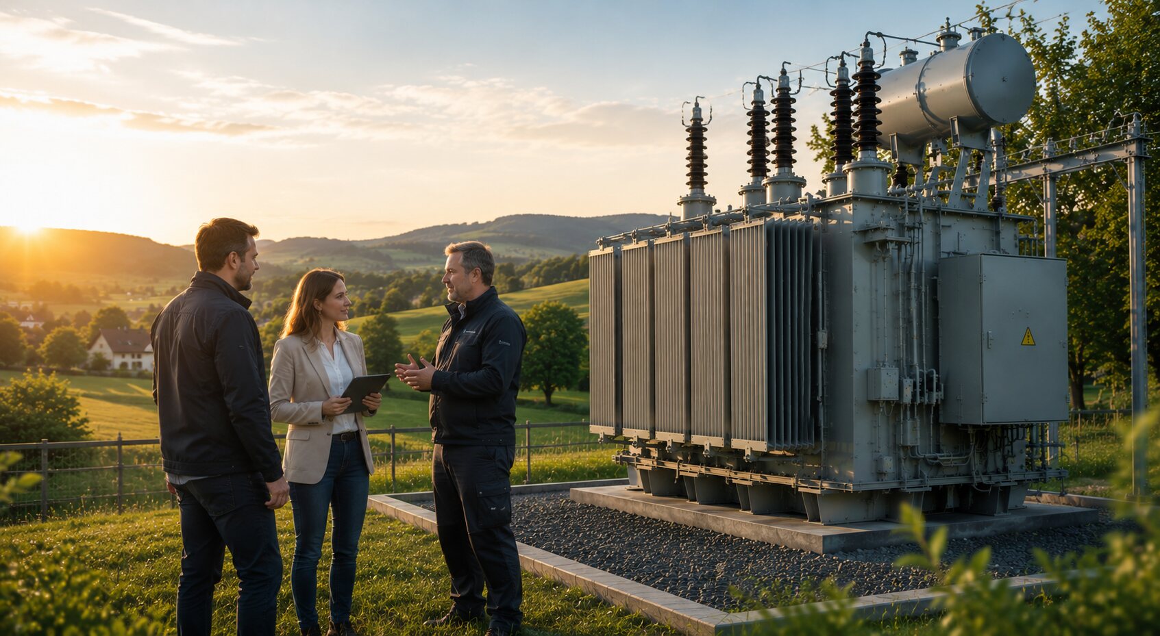 Akar Energy engineer in conversation with a customer next to a transformer
