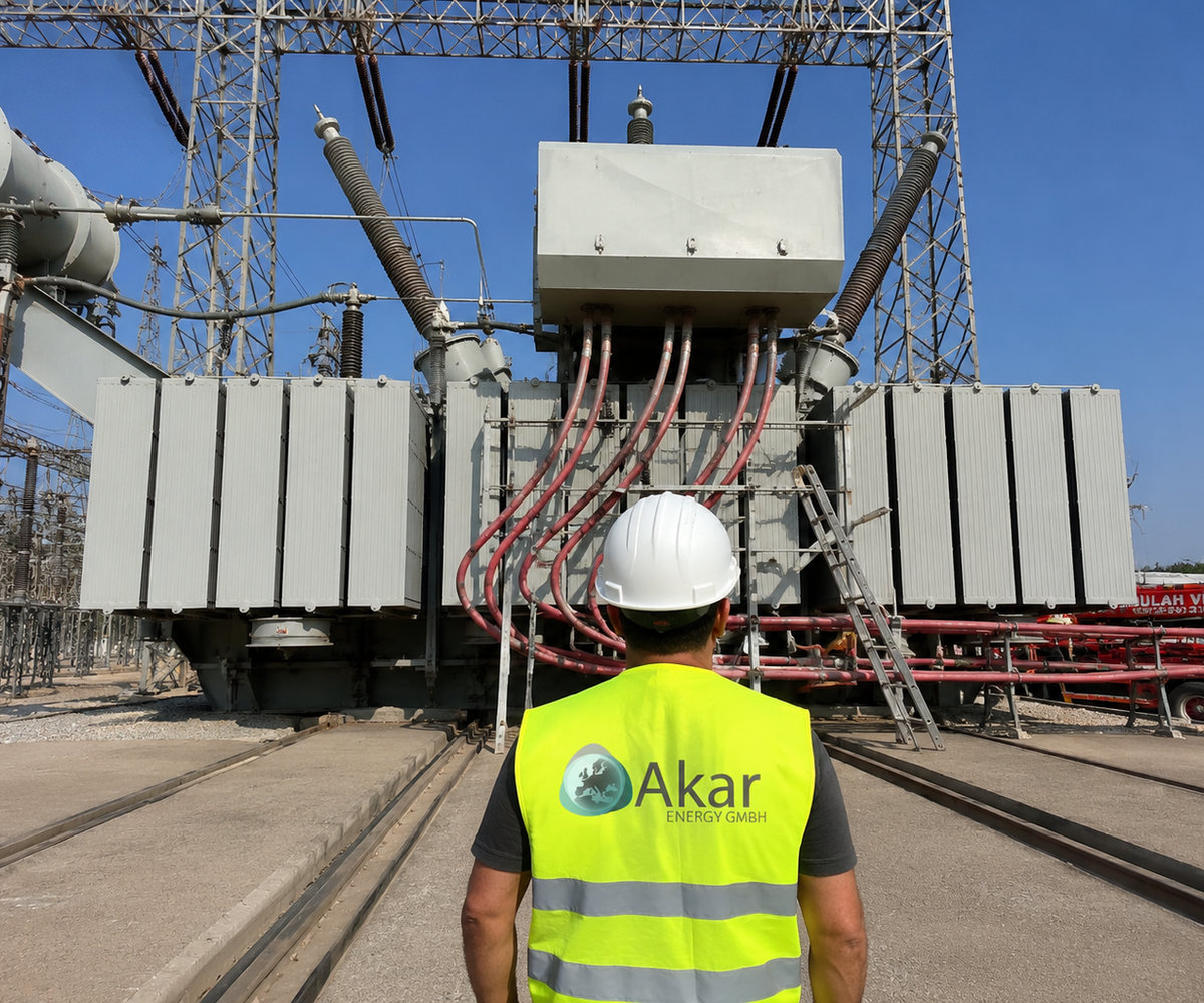 Akar Energy technician in front of a substation transformer
