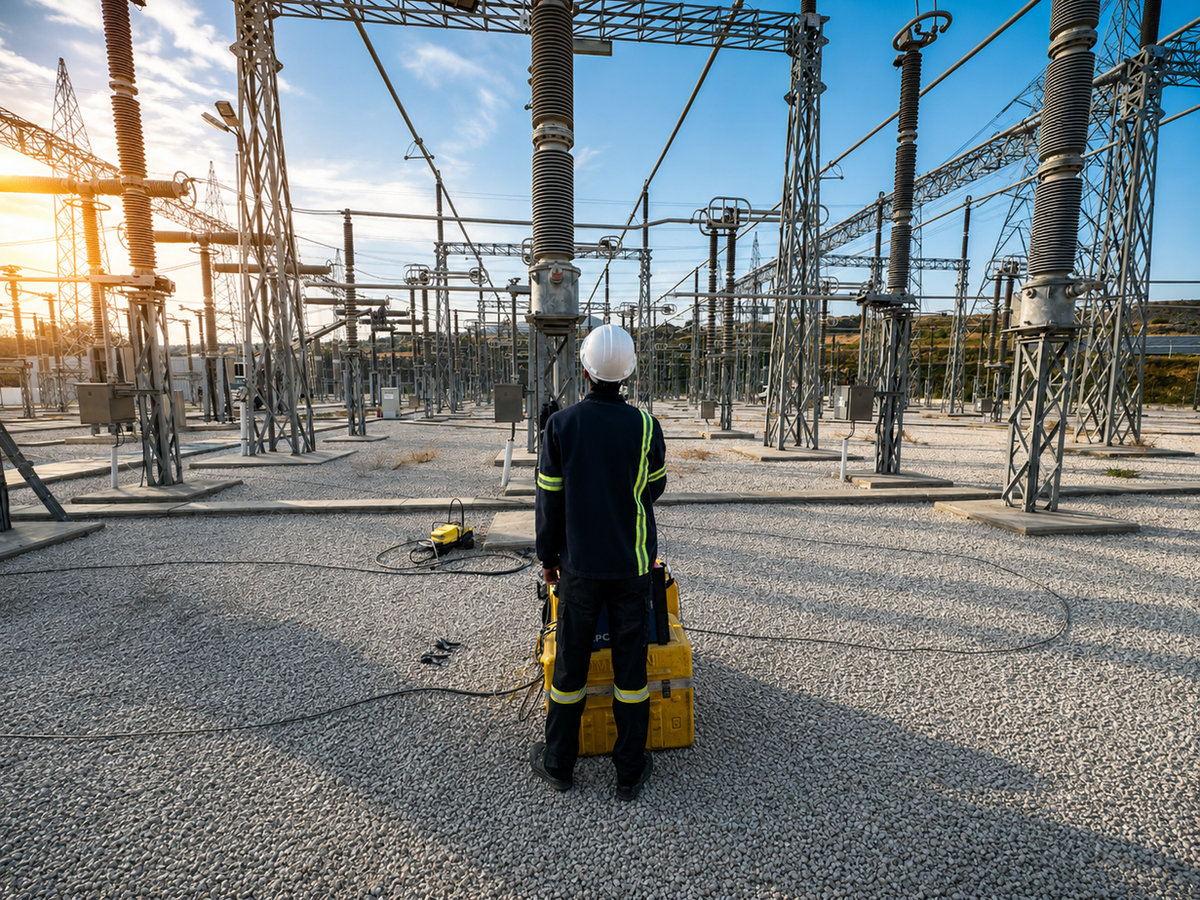 Engineer inspecting primary switchgear in a substation