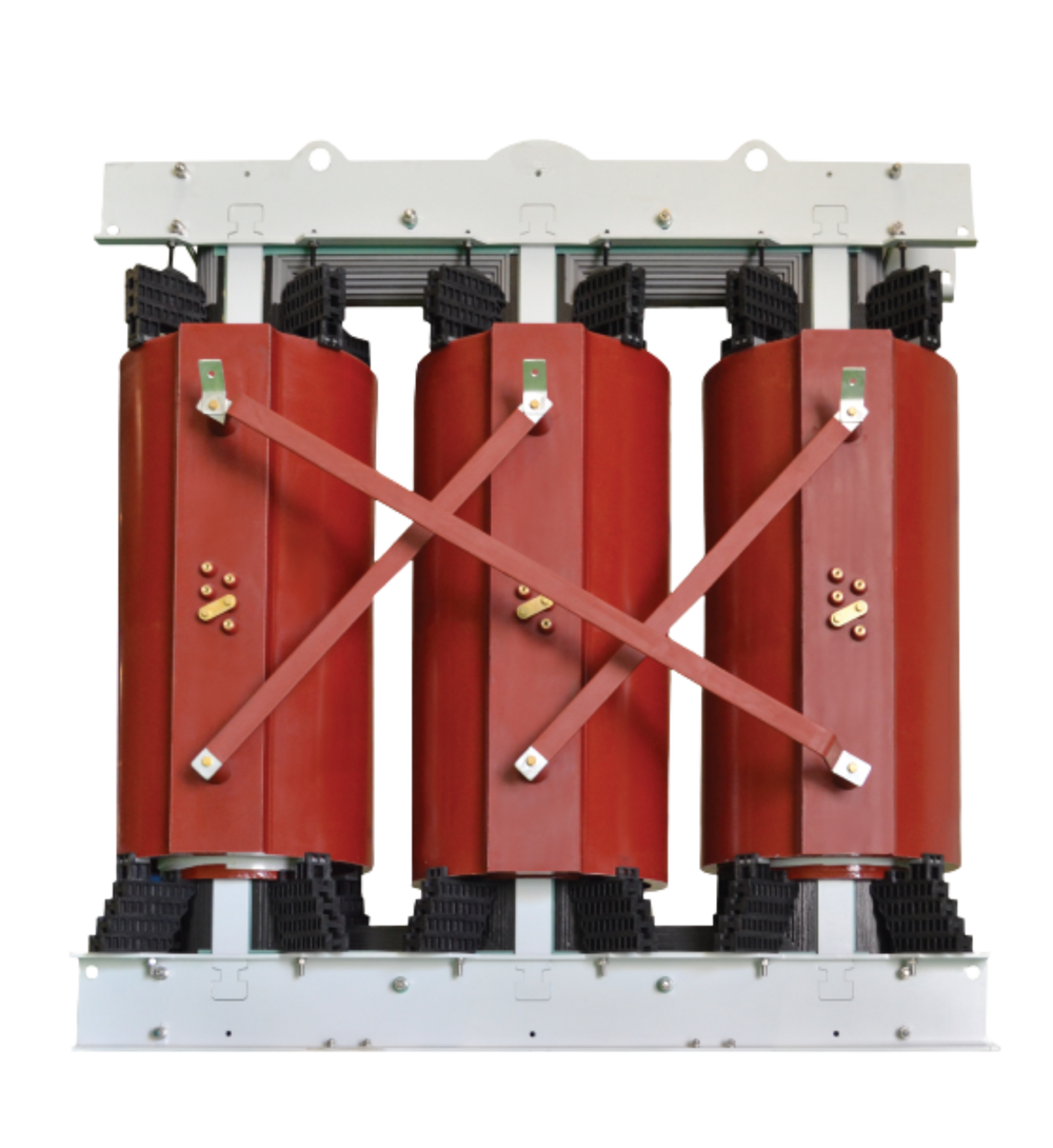 Cast resin dry-type transformer with exposed red epoxy resin windings