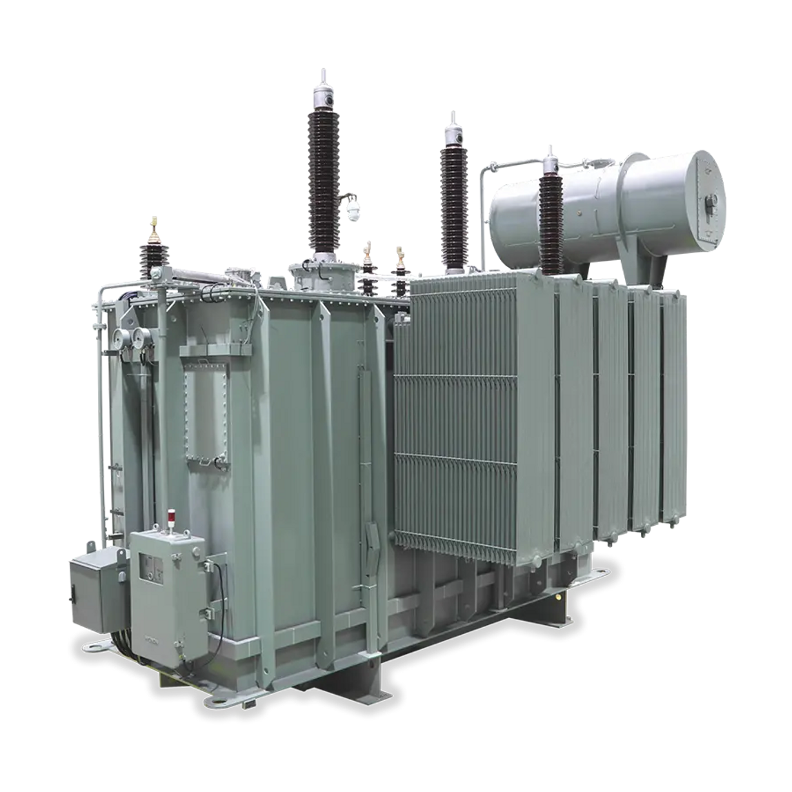 Oil transformer with conservator tank and high-voltage bushings