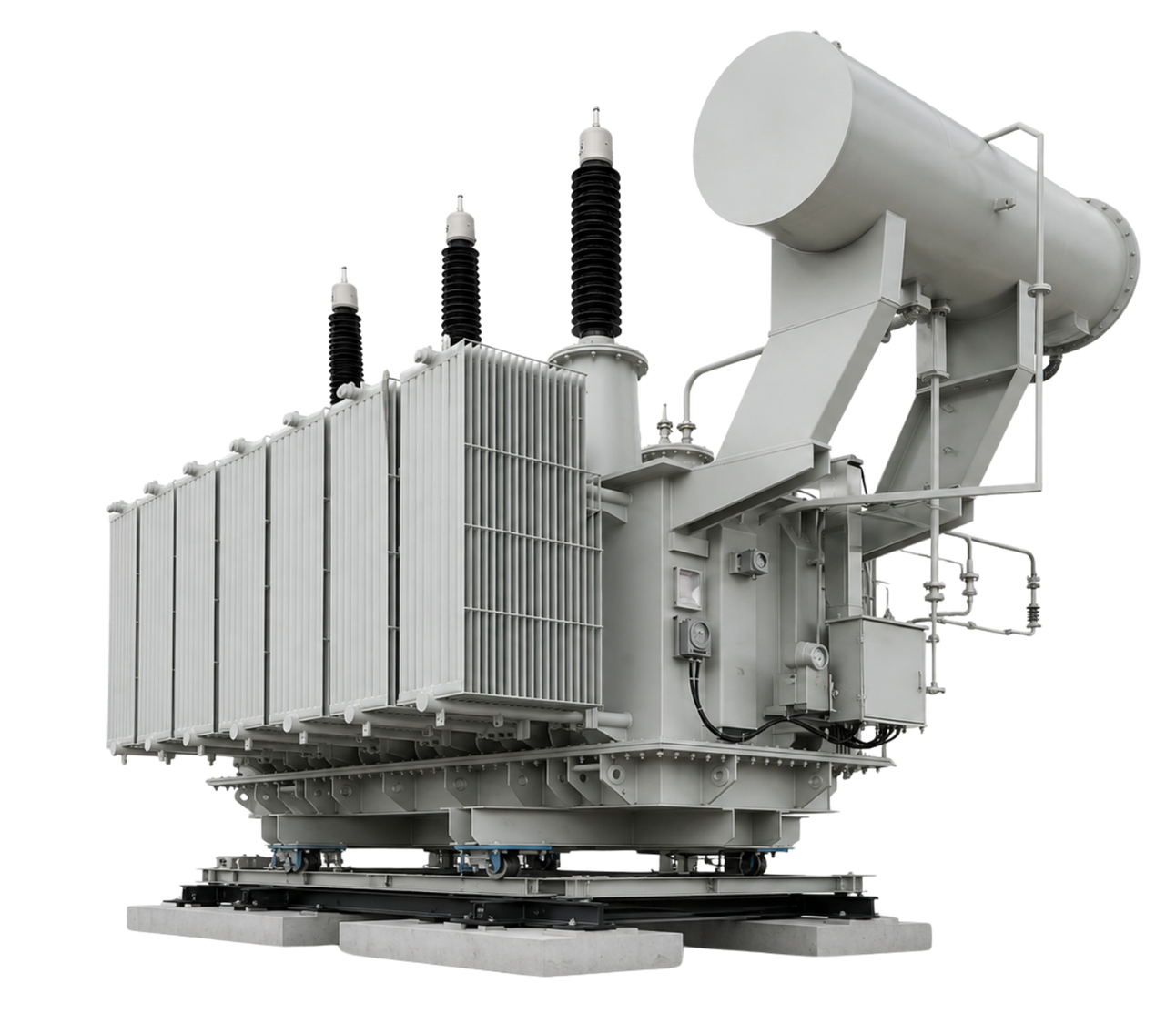 Large white power transformer with radiators and conservator tank, photographed on black